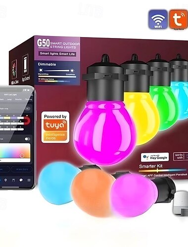  أضواء سلسلة LED ذكية G50 خارجية بخاصية التحكم عبر Bluetooth وAPP، أضواء سلكية موسيقية تعمل USB لتزيين احتفالات عيد الميلاد والتخييم