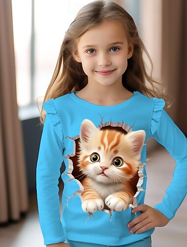  女の子 3D カートゥン 猫 フリルTシャツ ピンク 長袖 3Dプリント 春 秋 活発的 ファッション かわいいスタイル 子供 3〜12年 クルーネック アウトドア カジュアル 日常 レギュラー