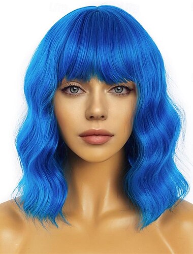  Dunkelgrüne kurze Bob-Perücken mit Pony für Frauen lockige gewellte Perücke mittellange Bob-Synthetik-Cosplay-Perücke für Mädchen bunte Kostüm-Perücken St. Patrick's Day-Perücken Halloween-Perücken