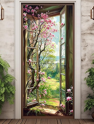 fenêtre vue sur l'arbre couvre-portes décoration murale tapisserie de porte décoration de rideau de porte toile de fond bannière de porte amovible pour porte d'entrée intérieure extérieure décoration