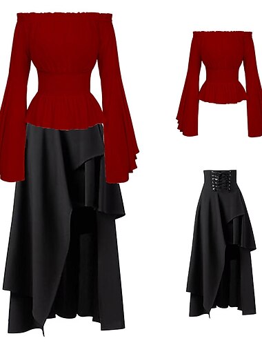  Elegante Punk e gótico Medieval Saia Blusa / Camisa Festa a Fantasia Feira Ren Manga Alargamento Ternos de Empregadas Pirata Viking Ombro a Ombro Clássico Sereia Sem Colarinho Normal Mulheres Celta