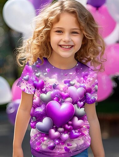  Valentinstag Mädchen 3D Herz T-Shirt Hemd Rosa Kurzarm 3D-Druck Sommer Aktiv Modisch Kuschelig Polyester kinderkleidung 3-12 Jahre Rundhalsausschnitt Outdoor Casual Täglich Regular Fit