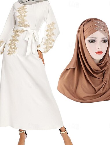  Set mit arabischem muslimischen Damenkleid, Kaftan-Kleid für Ramadan, Abaya-Stickerei, Kleid, Hijab-Schals, Schal, Wickeltuch, farbiger Kopfschmuck für Ramadan, religiös, 2-teilig, für Damen,