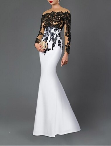  Vestido de Noche Sirena Elegante Vestido Invitada de Boda Largo hasta el Suelo Manga 3/4 Cuello Joyas Crepé elástico con Apliques 2025