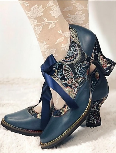  Dame vintage blomsterprintede snørehæle – elegante grønne og guldfarvede sko i 1950'er-stil til særlige lejligheder