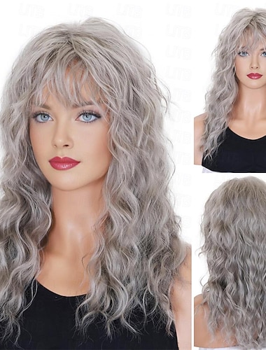  Grey Wigs with Bangs Long Curly Synthetic Wigs for Women Daily Cosplay Party