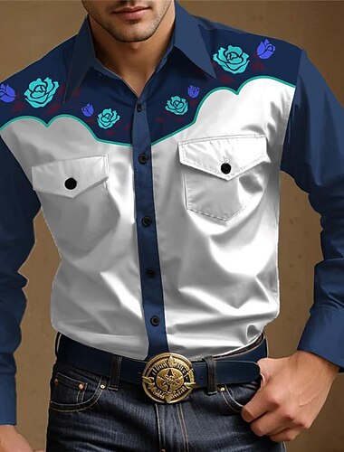 Miesten Ruusu Länsimainen paita Button Up paita Cowboy paita Pitkähihainen Vintage Läntinen Arki-asut Bile Viikonloppu Kevät Syksy Talvi Sänkyjen avaus Kauluspaidat 3D-tulostus Edessä tasku