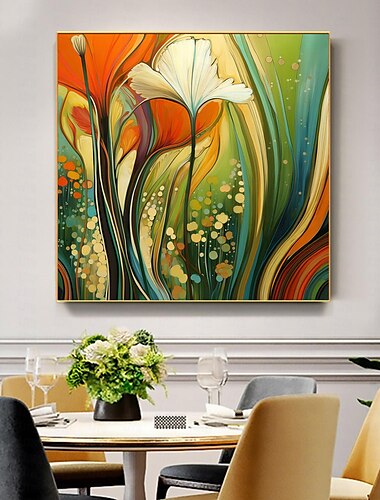  Pintura al óleo de flores original hecha a mano sobre lienzo, pintura de arte vegetal abstracto para decoración del hogar con marco estirado/sin pintura de marco interior