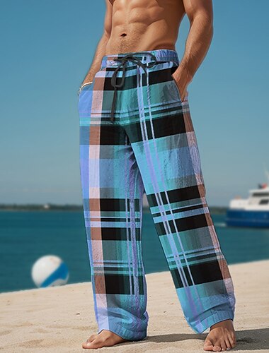  チェック柄カラーブロックメンズリゾート 3D プリントカジュアルパンツズボン弾性ウエストドローストリングルーズフィットストレートレッグサマービーチパンツ s から 3xl