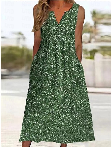  kvinners patchwork knapp vintage kjole lang kjole maxi kjole floral v-hals ermeløs sommer vårgrønn