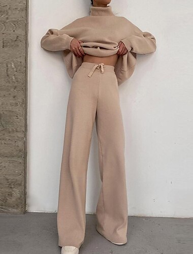  2-teiliges Loungewear-Trainingsanzug-Set für Damen, einfarbig, modisch, lässig, bequem, für zu Hause, Ausgehen, Flughafen, Strick, hoher Halsausschnitt, langärmeliger Pullover, Hose,