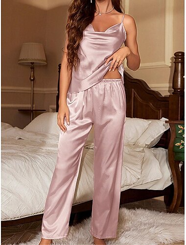  Mujer Pijamas Conjuntos Color puro Sencillo Confort Hogar Diario Cama Satén Transpirable Correas Sin Mangas Top de tirantes Pantalón Cintura elástica Verano Negro Rosa