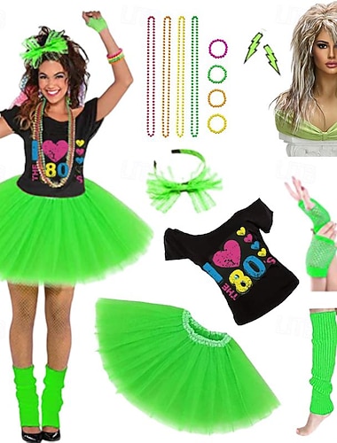  Disco-Outfits der 1980er Jahre, T-Shirt, Damenkostüm, Stirnbänder, Perlenkette, Vintage-Cosplay-Maskerade-Party&amp; Abendclub mehr Accessoires mit Kostümperücken