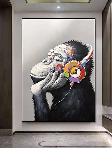  Mintura animal abstracto hecho a mano escuchar música gorila pinturas al óleo sobre lienzo arte de la pared decoración imagen moderna para la decoración del hogar pintura enrollada sin marco sin