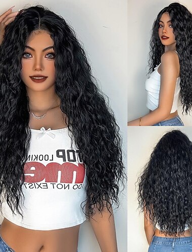  Synthetic Lace Wig Curly Style 26 inch Black Middle Part 13x1 Lace Front Wig Women's Wig Black