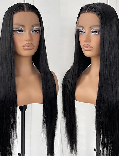 Synthetic Lace Front Wigs For Women Black Straight Hair Glueless Long Silk Straight Natural Heat Resistant Fiber Pre Plucked Natural Wig With Baby Hair 24 Inch