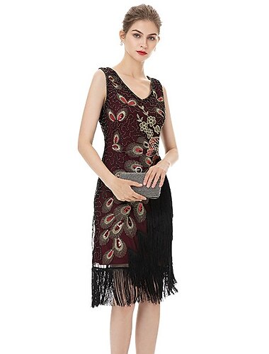  Retro Vintage Goldene Zwanziger 1920er Midlänge Flapper Kleid Kleid Cocktailkleid Der große Gatsby Hochzeitsgast Pailletten Quastenfransen V Ausschnitt Damen Hochzeit Hochzeitsgast Formeller Abend