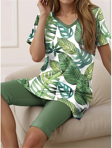  Mujer Camiseta Conjuntos de pantalones cortos Hojas Casual Diario Estampado Verde Trébol Manga Corta Moda Escote en Pico Verano