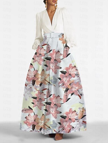  A-linje Gulvlengde Kveldskjoler Ballkjole Formell kjole Elegant Fargeblokk Høy splittelse Langermet V-hals Formell Bryllupsgjest Belte / karm Sateng med Spalte 2025