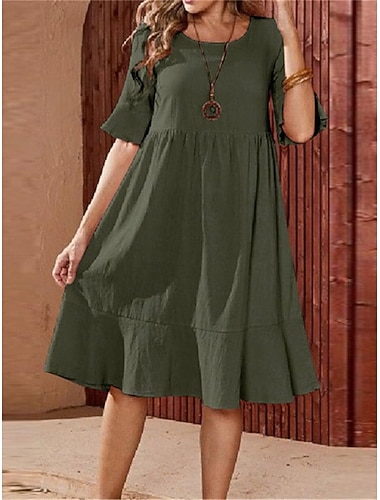  Damen Armeegrün Rosa Marineblau Sommer Frühling Midikleid Baumwoll-Leinen-Kleider Freizeitkleid Baumwoll-Sommerkleid Basic Modern Täglich Wochenende Lässiger Schnitt Einfach Rundhalsausschnitt
