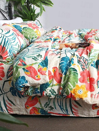  Bettbezug-Kissenbezug-Set aus 100 % Leinen mit Blumenmuster, natürlichem, französischem, gewaschenem Flachs, weiches, atmungsaktives Bauernhaus-Bettwäsche-Set