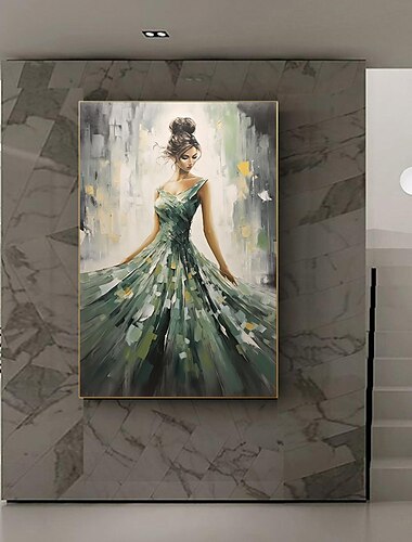  手作りオリジナルダンスガール油絵キャンバス壁アート装飾抽象アートグリーン絵画家の装飾用ストレッチフレーム付き/インナーフレームなし絵画