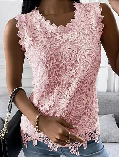  Dames Camisole Tanktop Oogjes top Wit Kant Shirt Dames Zwart Wit Roze Effen Kleur Kant Straat Dagelijkse Mode Ronde Hals S