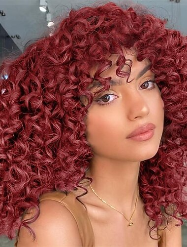  Korte Krullende Perukken voor Zwarte Vrouwen - Ombre Bruine Kleur Afro Krullende Synthetische Perukken met Pony Halloween Perücken