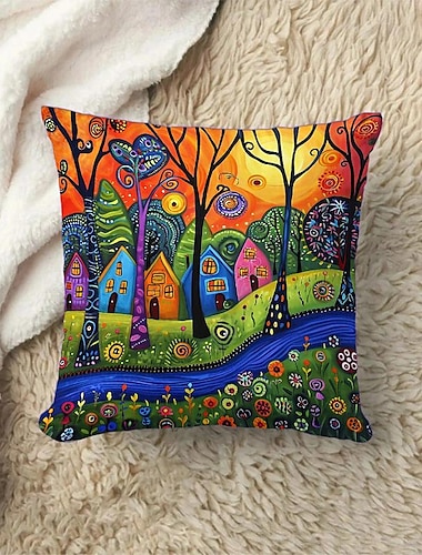  kleurrijk landschap dubbelzijdige kussenhoes 1 st decoratieve vierkante sierkussenhoes kussensloop voor slaapkamer woonkamer binnenkussen voor slaapbank bed stoel