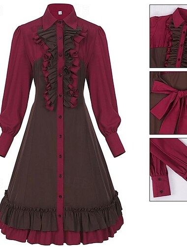  Gotická Lolita Punk a gotika Steampunk Šaty Biskup Poskakující Barevné bloky Přehnutý Dámské Fantazie Steampunk Výkon Plesová maškaráda Dospělé Šaty Celý rok