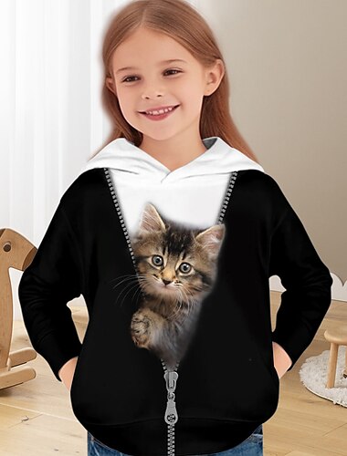  Dívčí 3D Kočka Kapuce Pullover Dlouhý rukáv 3D tisk Jaro Podzim Aktivní Módní Roztomilý Děti 3-12 let 4-12 let Kapuce Venkovní Ležérní Denní Běžný
