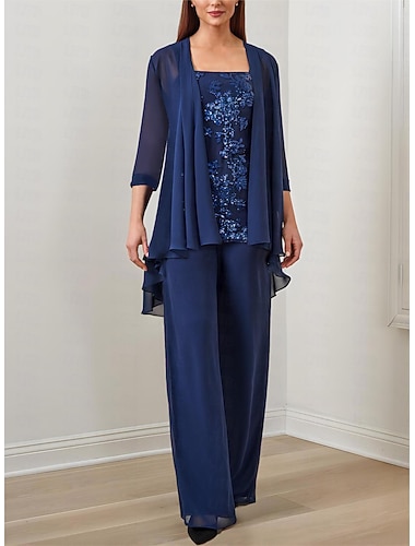  Completo 3 Pezzi Madre della Sposa Ospite Matrimonio Formale Elegante Collo Quadrato Lunghezza Terra Chiffon Paillettes Manica 3/4 con Applicazioni di Paillettes