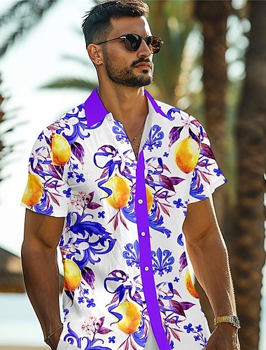  Herren Zitronengelb Hemd Hawaiihemd Sommerhemd Aloha-Shirt Kurzarm Hemd Umlegekragen Urlaub Hawaiianisch Outdoor Urlaub Hawaiianisch Gelb Blau Purpur S M L
