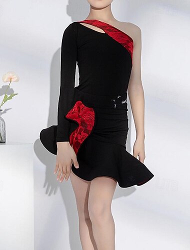  Latin Dance Kids' Dancewear Latin Salsa Dance Skirts Splicing Girls' Performance Daily Wear Long Sleeve High Spandex
