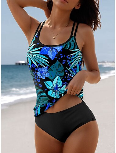  Maillots de bain pour femmes Tankini 2 Pièces Maillot de bain Shorts 2 Pièces Imprimé Vacances Plage Floral Sans Manches Maillots de bain