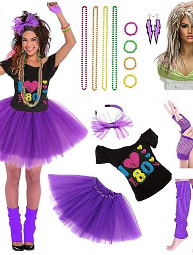  discoteca abiti anni '80 t-shirt costume da donna fasce collana di perline vintage cosplay festa in maschera&amp; club serale più accessori con parrucche in costume