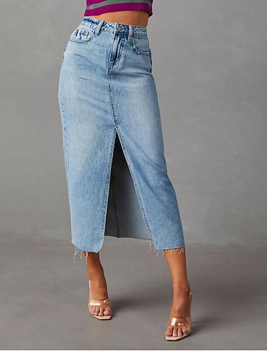  Damskie Spódnica Linia A Denimowa spódnica midi Moda Codzienny Midi Wysoka talia Spódnice Solidne kolory Kieszeń Rozdwojonych końcówek Ulica Codzienny Niebieski Jasnoniebieski Lato Jeans