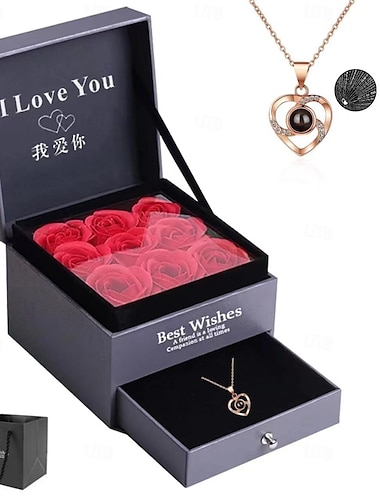  cadeaux pour la fête des femmes Saint Valentin 100 langues collier de projection en argent pur bijoux pour femmes boîte cadeau de fleur éternelle cadeau de Noël et de la Saint-Valentin cadeaux de