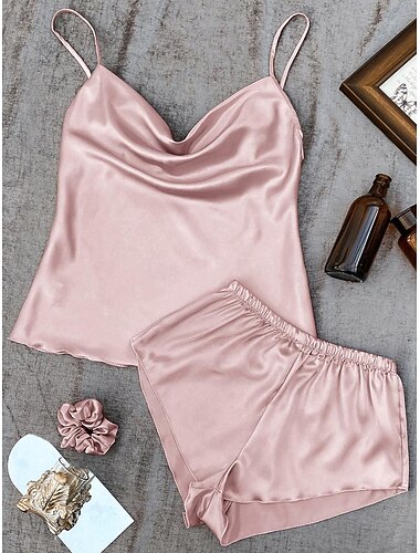 3-teiliges Pyjama-Set für Damen in reiner Farbe, für Modeliebhaber, bequemes Zuhause, tägliches Bett, Satin-Seide, atmungsaktive Träger, ärmelloses Trägertop, Shorts, rückenfrei, elastische Taille,