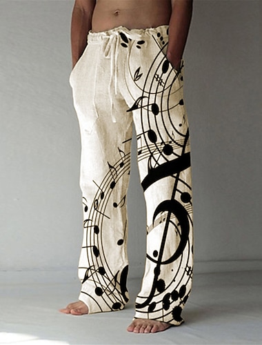  Voor heren Grafische prints Muziekinstrument Linnen broek Broek Zomerbroek Medium Taille Modieus Streetwear Groot en klein Casual Dagelijks Elastisch ontwerp met trekkoord Voorvak Recht been Lente