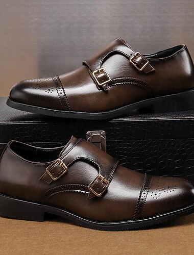  mænds brune imiterede læder-kjolesko med dobbelt munk-rem med brogue-detaljer, klassisk stil til bryllups-, fest- og forretningstøj