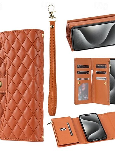  Handy Hülle Handyhüllen Für iPhone 16 15 14 Pro Max Plus 13 12 11 Pro Max Brieftaschenhülle Reisverschluss Vollschutz mit Trageriemen Retro Geometrisches Muster TPU PU-Leder