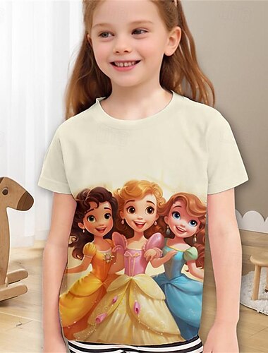  3D-Prinzessinnen-T-Shirt für Mädchen, rosa, kurzärmelig, 3D-Druck, Sommer, aktiv, modisch, niedlich, Polyester, Kinder 3–12 Jahre, Rundhalsausschnitt, Outdoor, lässig, täglich, normale Passform