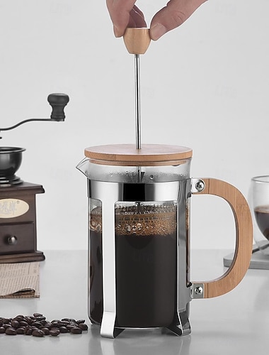  Cafetière à presse française en bambou double filtres presse française, cafetière à presse en verre borosilicate épais et résistant à la chaleur