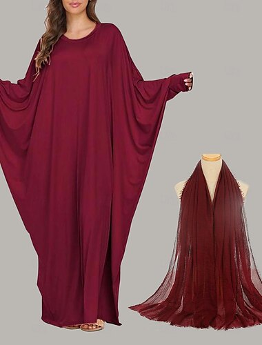  Set mit arabischem muslimischem Kleid, Abaya, arabisches Kleid für Erwachsene, muslimischer Hijab, Kopfwickel, einfarbig, Chiffon-Schal, Hijab, langer Schal, Wickelschals, 175 x 70 cm, 2 Stück,