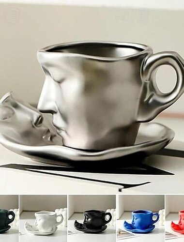  Taza de agua con forma de cara única con platillo, juego de tazas de café creativo, apto para microondas y lavavajillas.