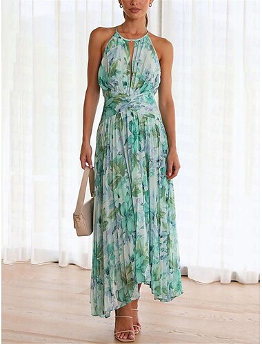  robe décontractée pour femme imprimé floral col licou robe midi vacances sans manches été
