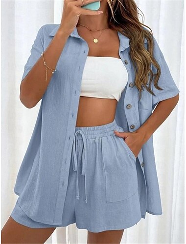  Women's Loungewear Sets Pure Color Fashion Simple Basic Street Going out Airport Cotton And Linen Breathable Lapel Half Sleeve Shirt Shorts Button Pocket Summer Spring Black Pink