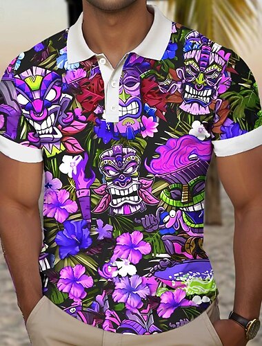  Kentucky Derby Herre Tiki Golf skjorte Kortermet Poloskjorter Skjorter med krage Fritid Strand Klær Ferieklær Tropical Wear Festantrekk Knapper 3D-utskrift Sommer Gul Rosa Lilla