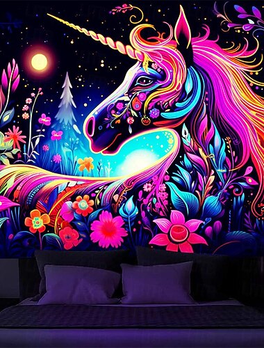  Schwarzlicht Wandteppich UV reaktiv im Dunkeln leuchtend Party Neon Einhorn Tier psychedelisch trippig neblig hängender Wandteppich Wandbild für Wohnzimmer Schlafzimmer